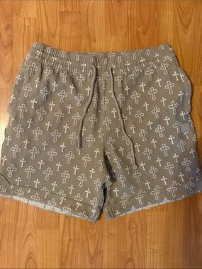Men's Cross Print Drawstring Shorts - Taupe